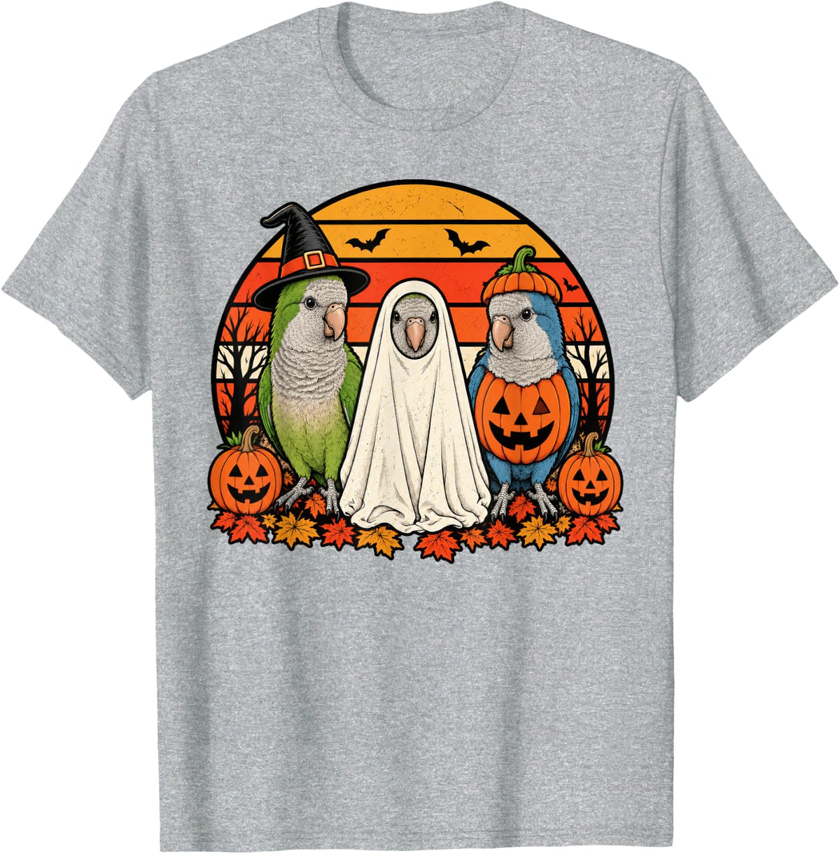 Spooky Quaker Parrot Pumpkin Ghost Halloween Bird T-Shirt - Heather Grey