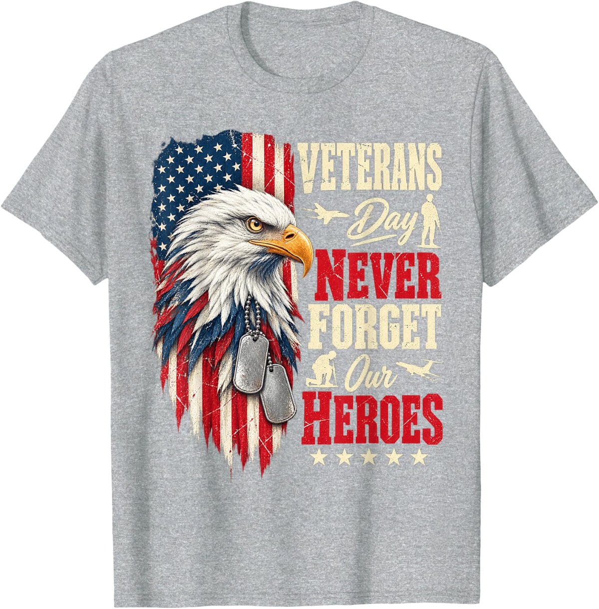 Veterans Day Never Forget Our Heroes Bald Eagle USA Flag T-Shirt - Heather Grey