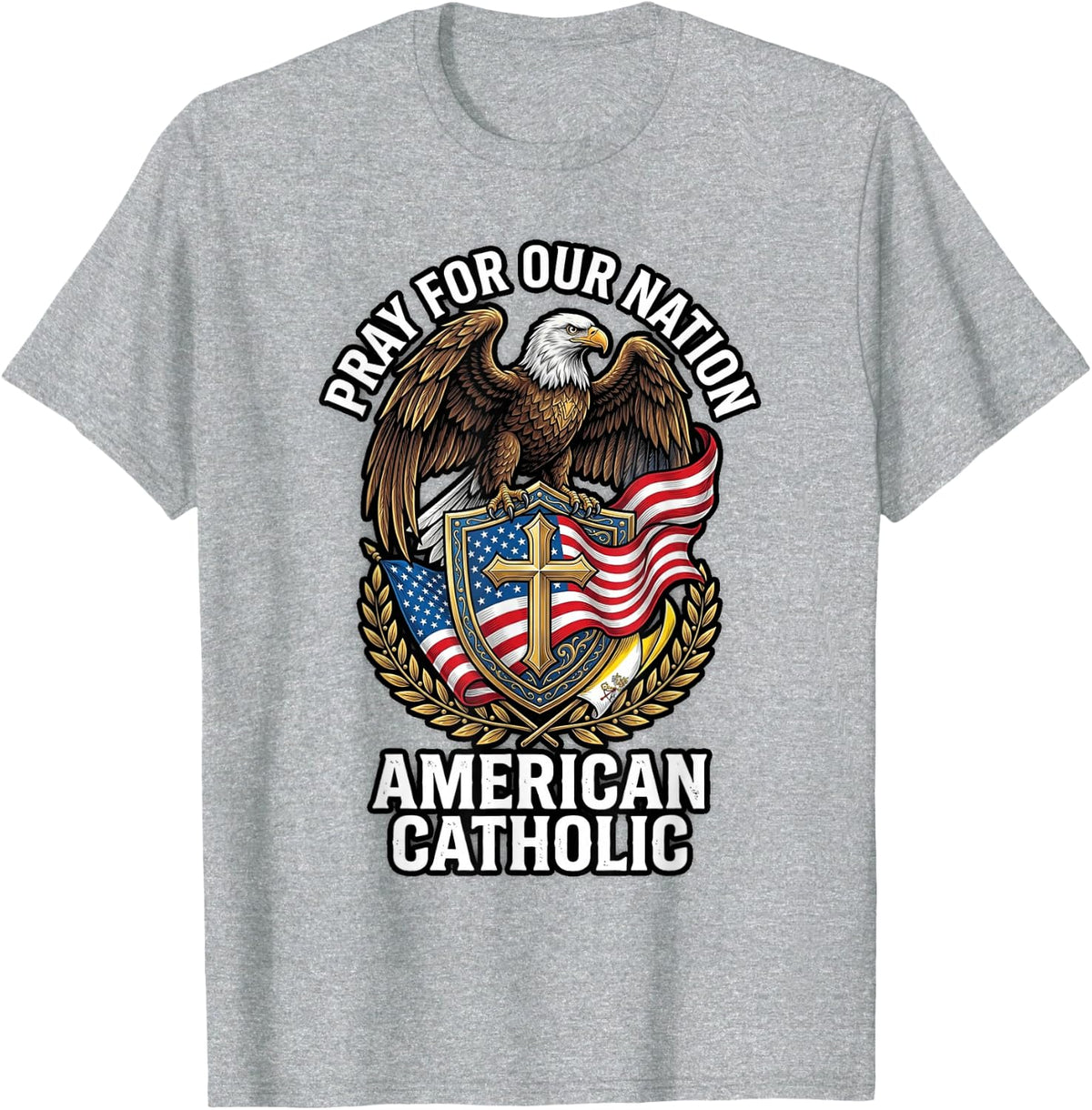 Cross Above River Bridge Flag Dawn Catholic T-Shirt - Heather Grey