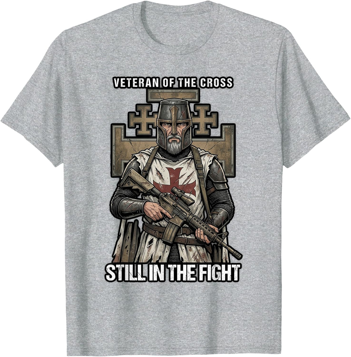 Gray Bearded Crusader Veteran Rifle Catholic T-Shirt - Heather Grey
