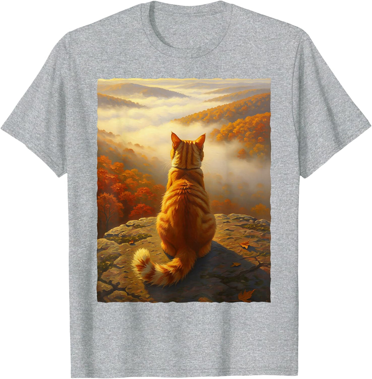 Orange Tabby Cat Fall Mountain Sunset Autumn Nature Painting T-Shirt - Heather Grey