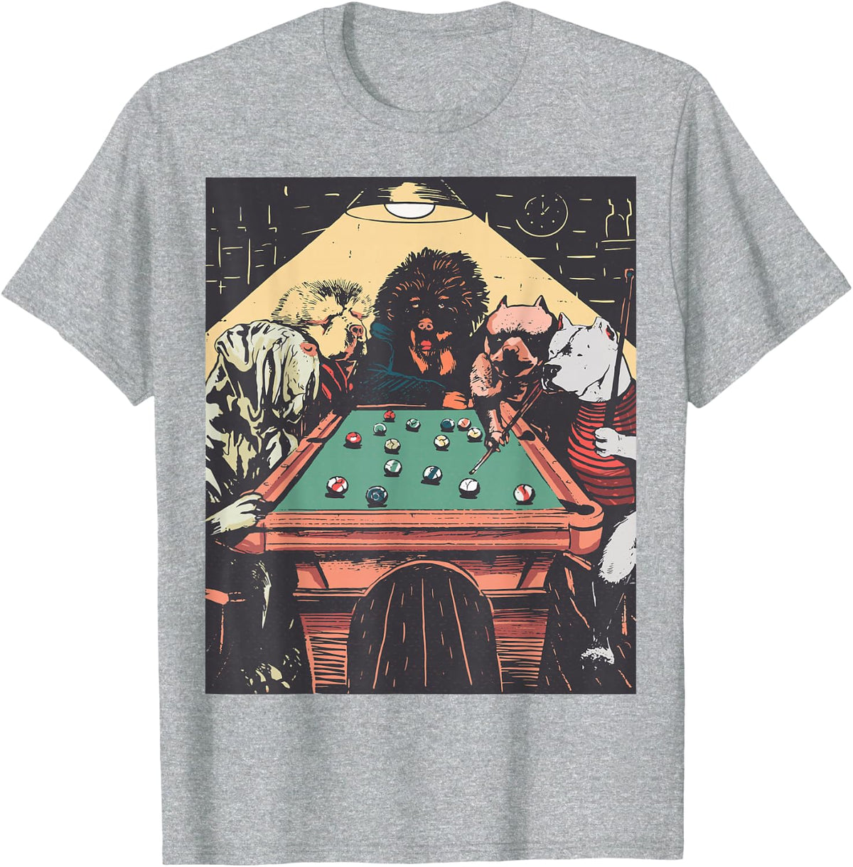Game Night Dogs On Billiards Pool Table Shooting 8 Ball T-Shirt - Heather Grey