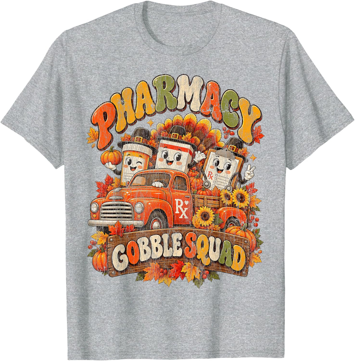 Pharmacy Gobble Squad Cute Thanksgiving Pharmacist Vintage T-Shirt - Heather Grey