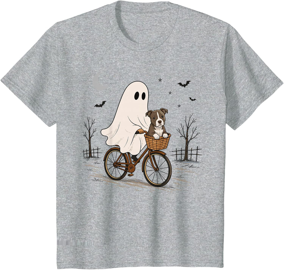 American Staffordshire Terrier Ghost Bicycle Halloween Night T-Shirt - Heather Grey